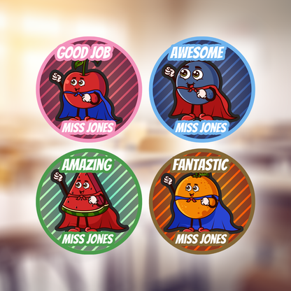 Superhero Fruits Personalised Teacher Stickers